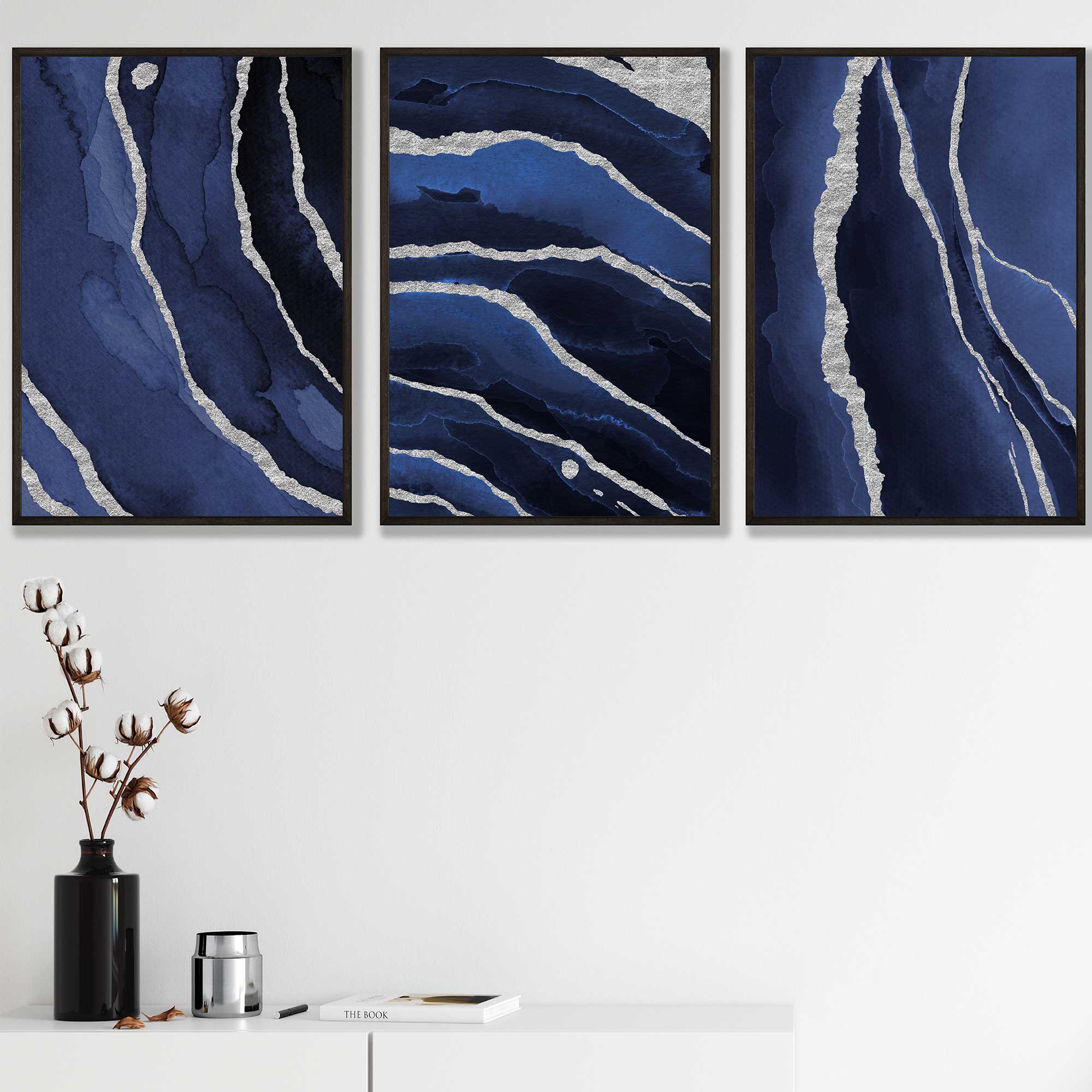 Set of 3 Abstract Navy Blue and Silver Wall Art Prints