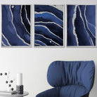 Set of 3 Abstract Navy Blue and Silver Wall Art Prints