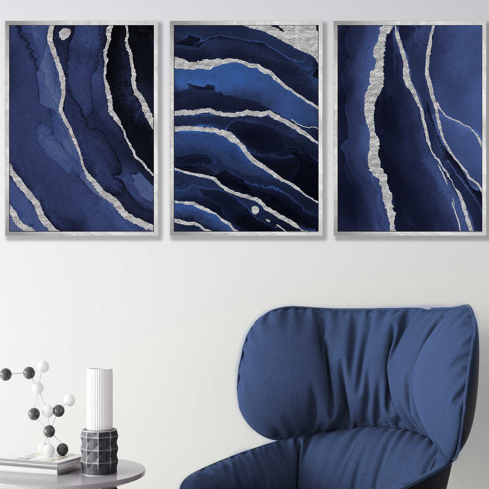 Set of 3 Abstract Navy Blue and Silver Wall Art Prints