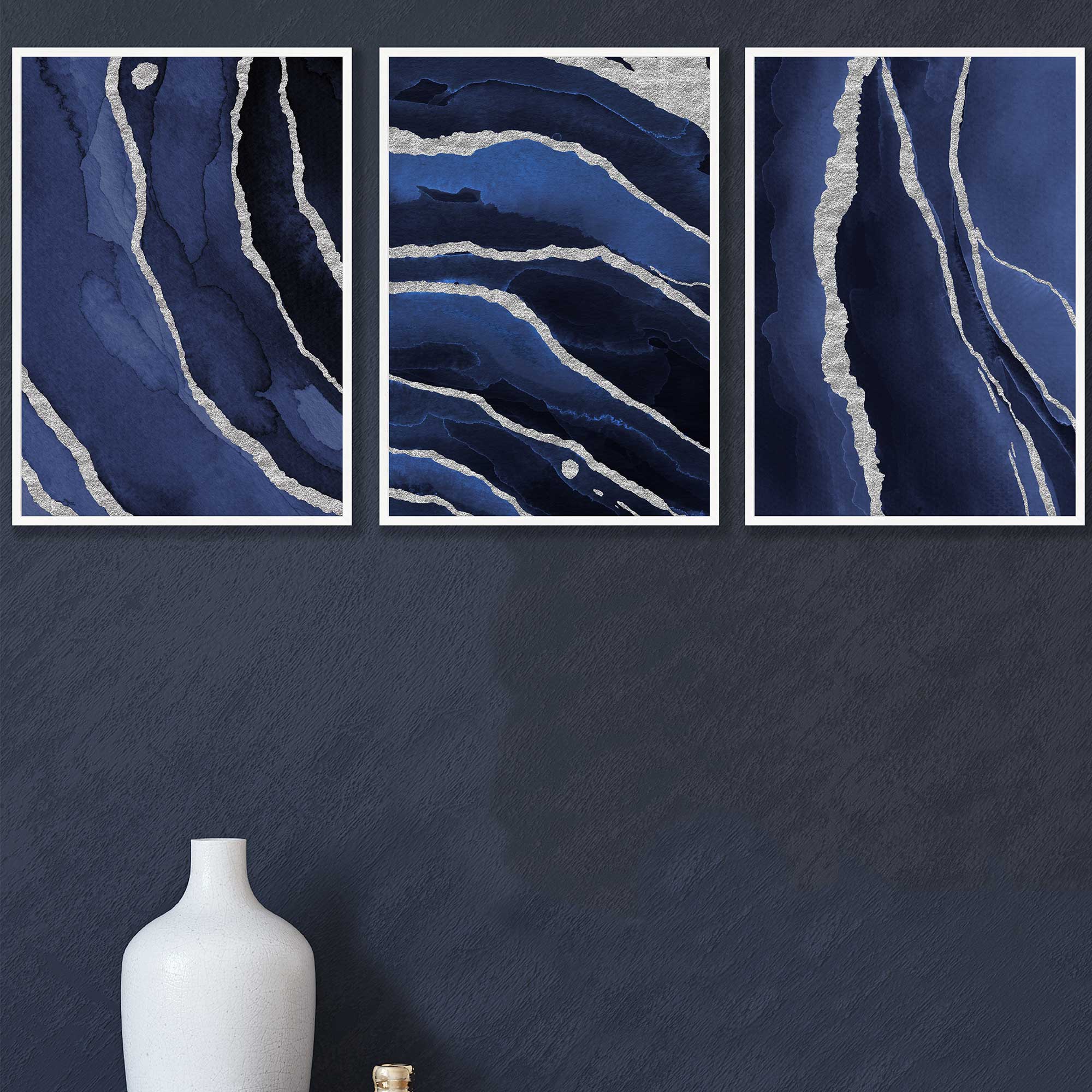 Set of 3 Abstract Navy Blue and Silver Wall Art Prints