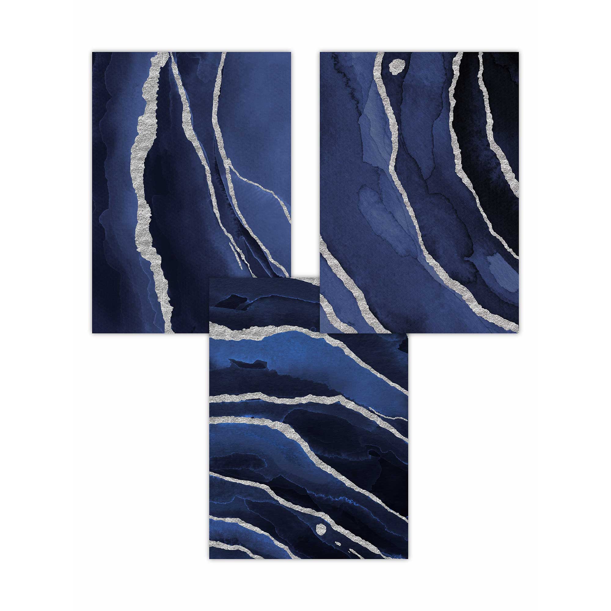 Set of 3 Abstract Navy Blue and Silver Wall Art Prints