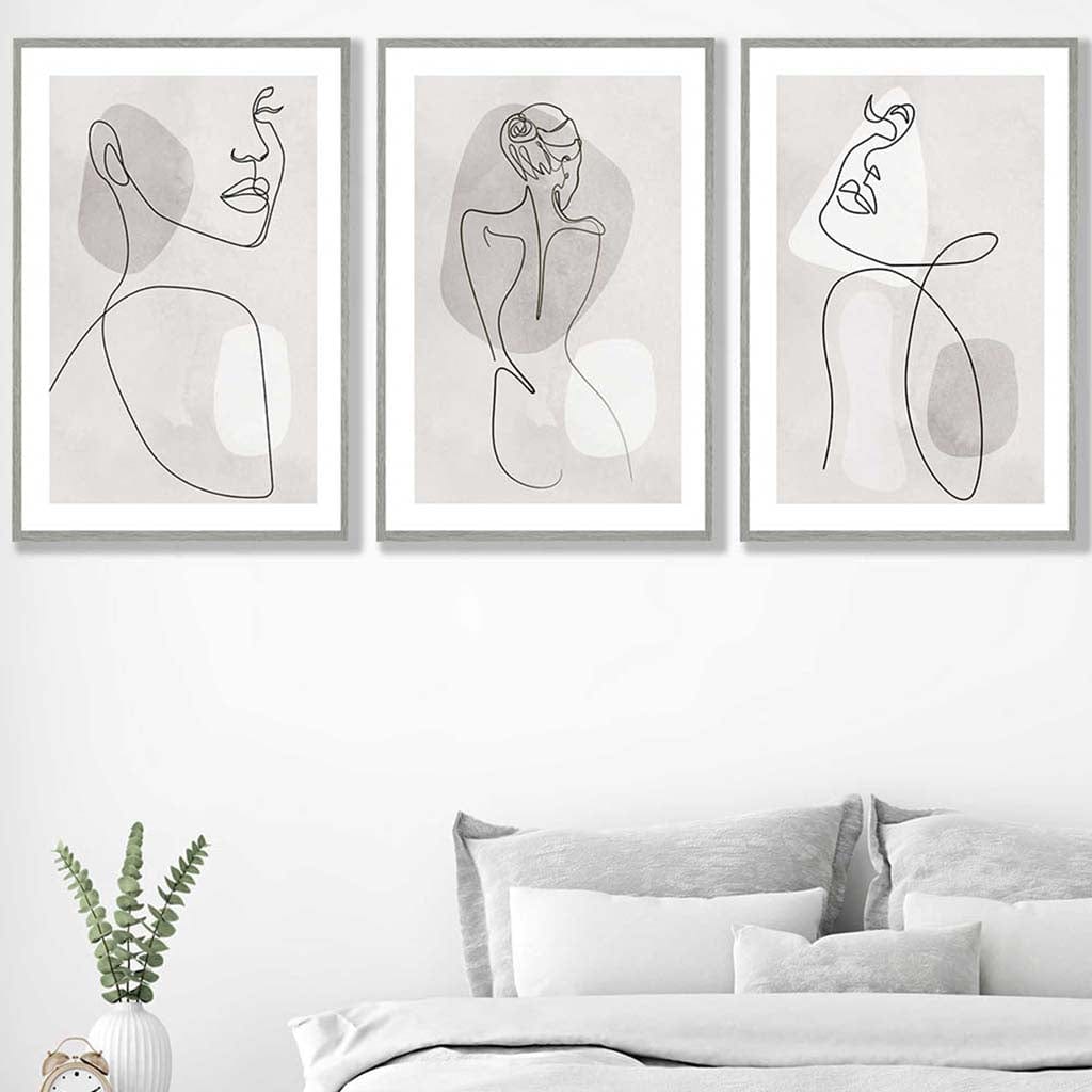 Minimal Female Line Art Grey & Beige Wall Art Set of 3 Framed | Artze Wall Art UK