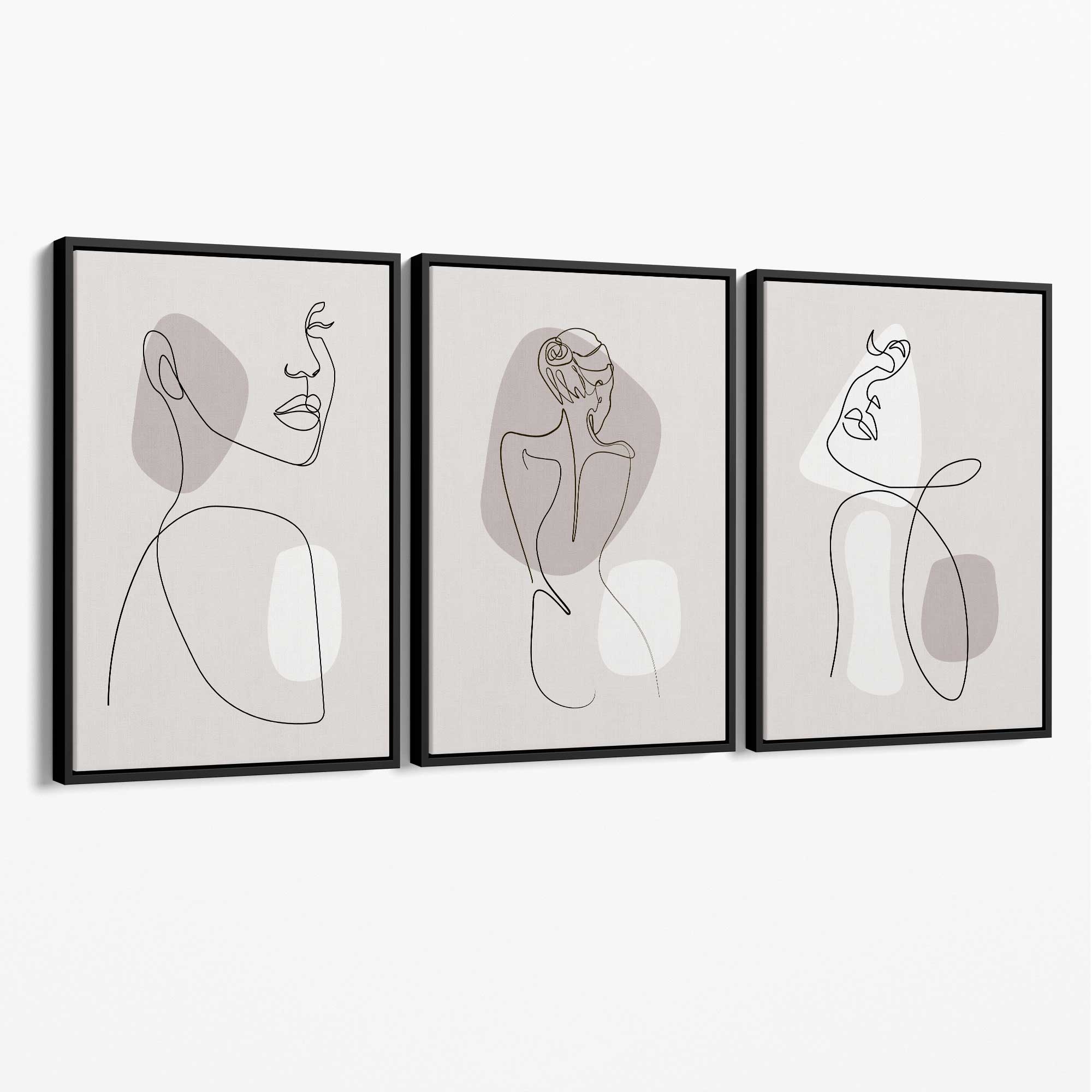 Beige Abstract Minimal Line Art Female Set of 3 Canvas Art Prints with Black Float Frame