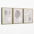 Beige Abstract Minimal Line Art Female Set of 3 Canvas Art Prints with Gold Float Frame