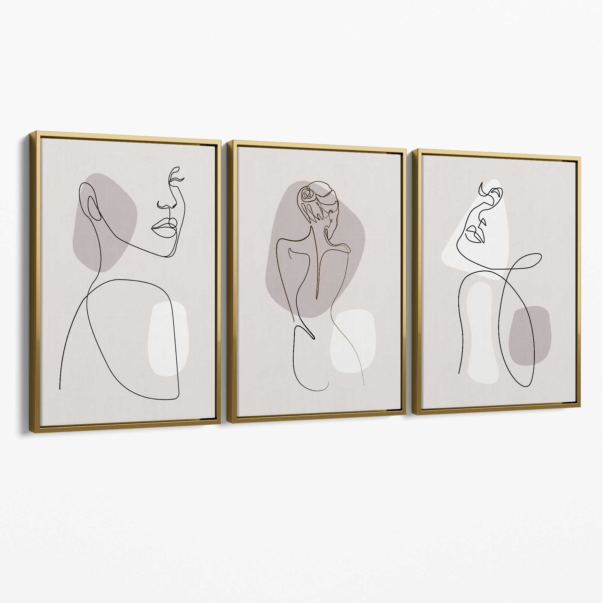 Beige Abstract Minimal Line Art Female Set of 3 Canvas Art Prints with Gold Float Frame