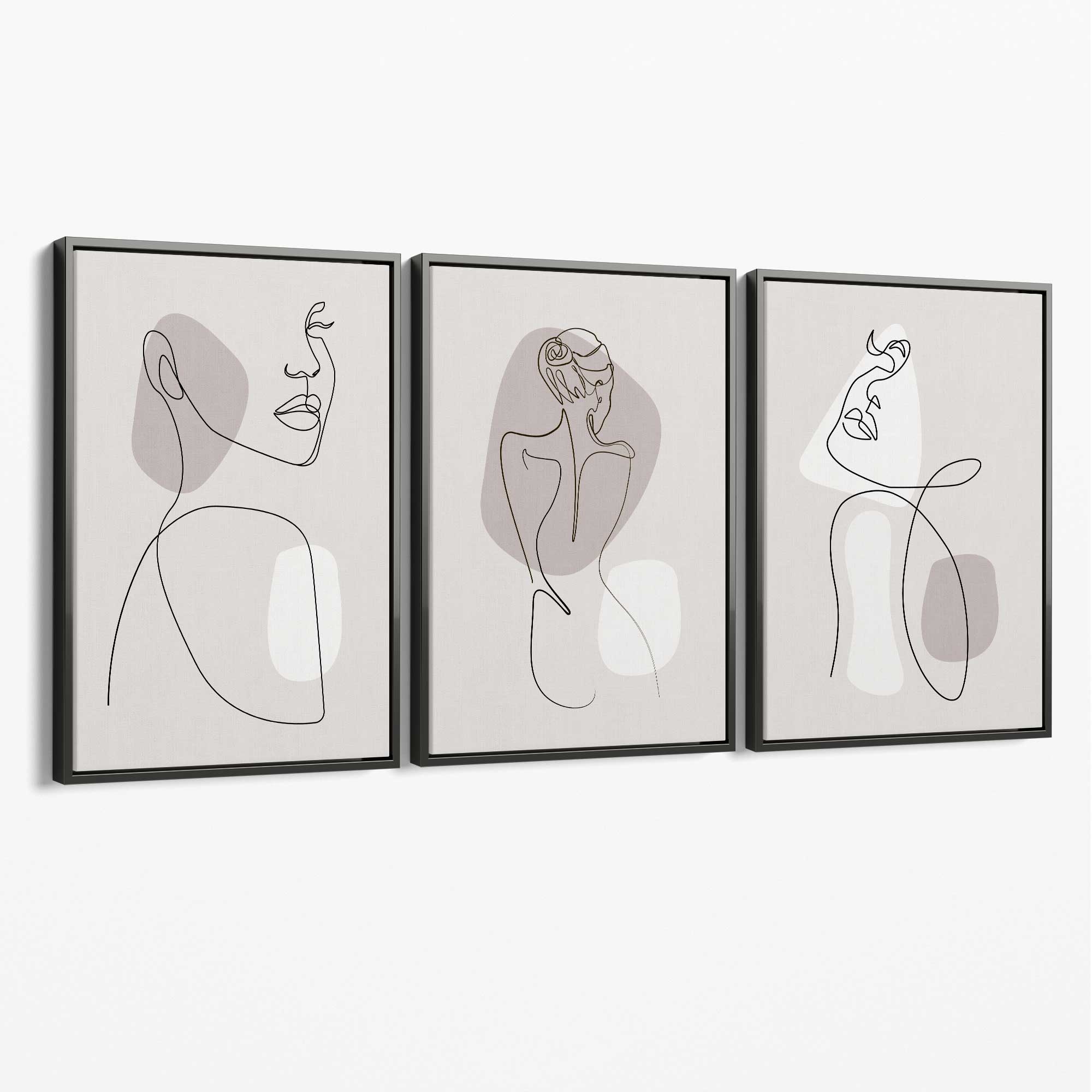 Beige Abstract Minimal Line Art Female Set of 3 Canvas Art Prints with Grey Float Frame