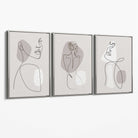 Beige Abstract Minimal Line Art Female Set of 3 Canvas Art Prints with Silver Float Frame