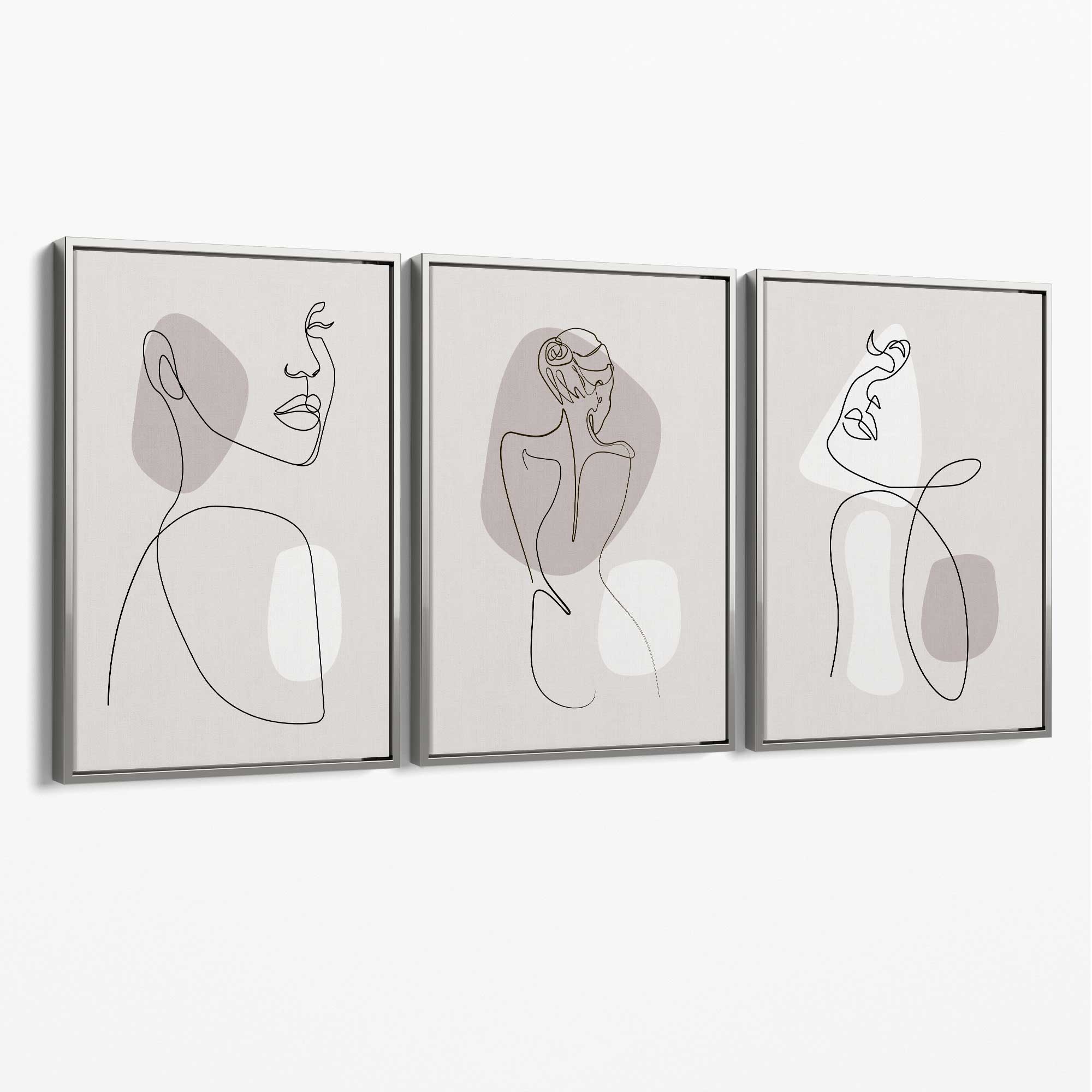 Beige Abstract Minimal Line Art Female Set of 3 Canvas Art Prints with Silver Float Frame
