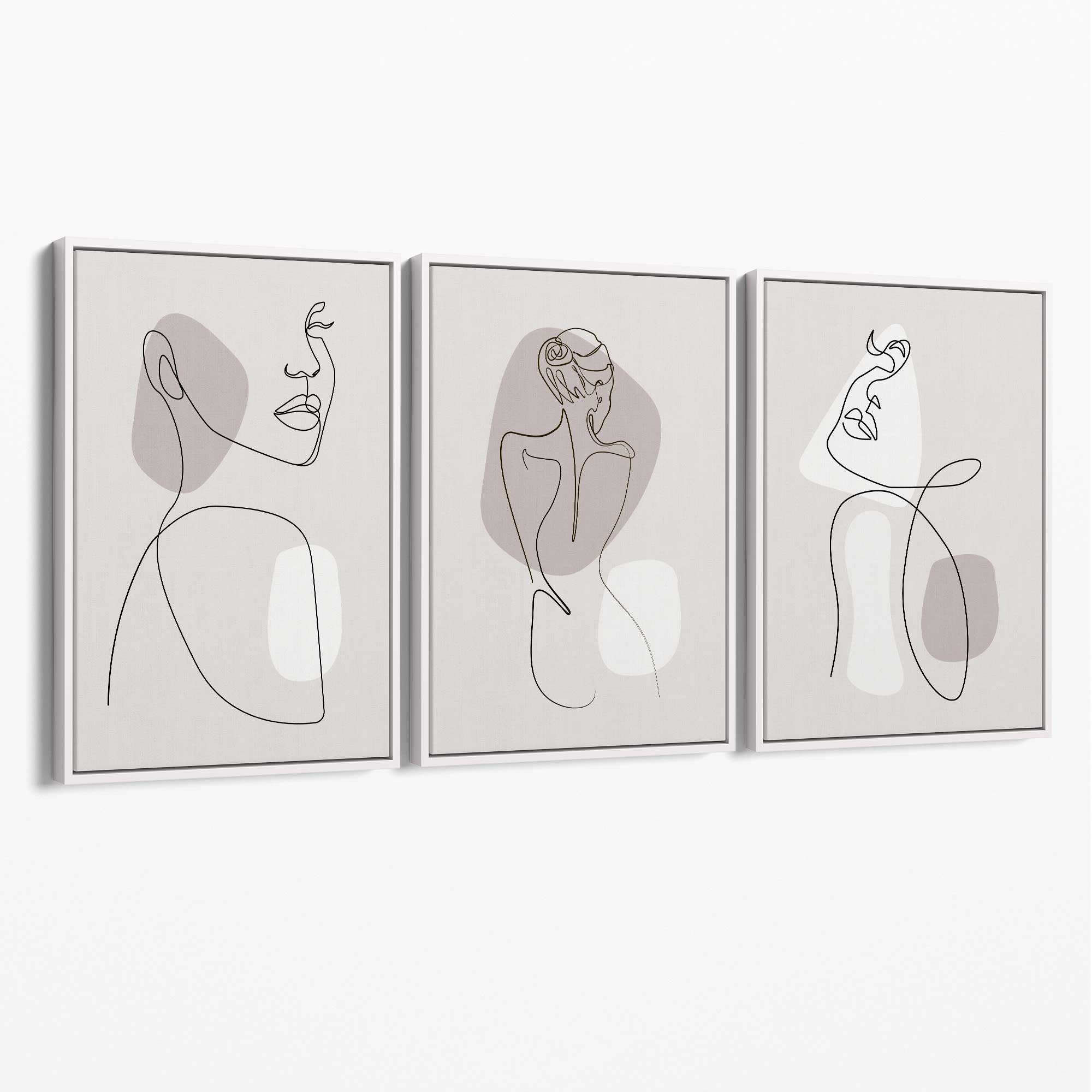 Beige Abstract Minimal Line Art Female Set of 3 Canvas Art Prints with White Float Frame