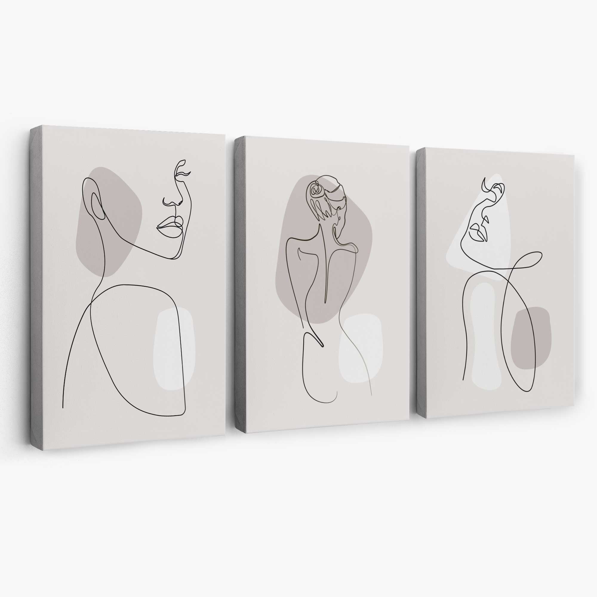 Beige Abstract Minimal Line Art Female Set of 3 Canvas Art Prints | Artze Wall Art