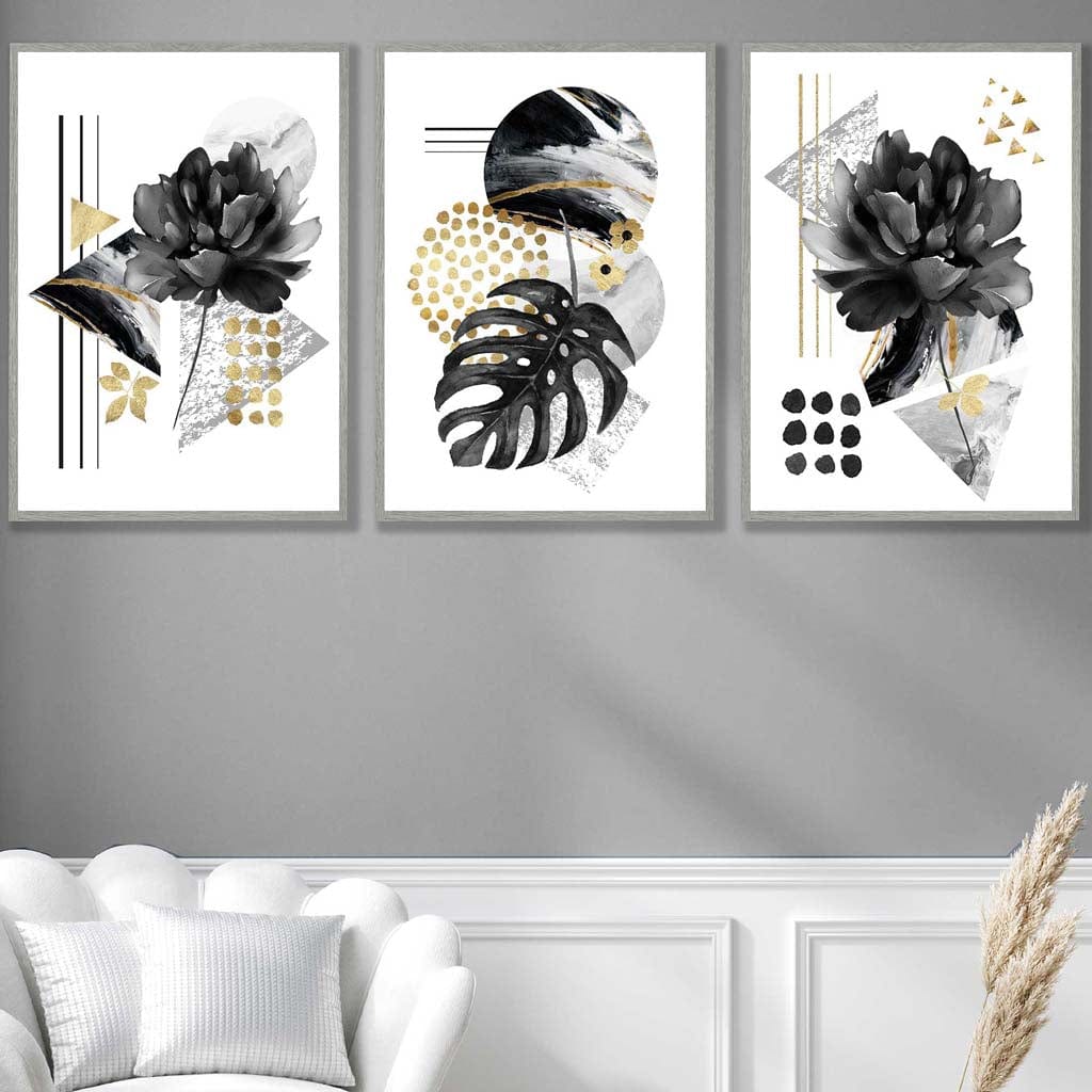 Set of 3 Abstract Black and Gold Botanical Wall Art Prints