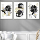 Set of 3 Abstract Black and Gold Botanical Wall Art Prints