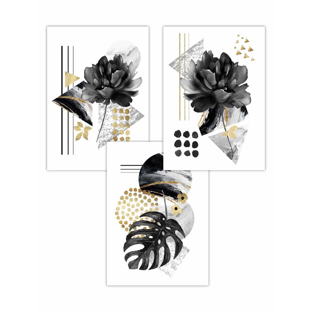 Set of 3 Abstract Black and Gold Botanical Wall Art Prints