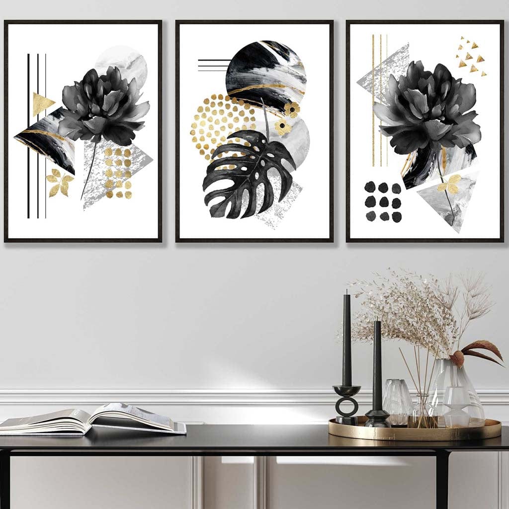 Set of 3 Abstract Black and Gold Botanical Wall Art Prints
