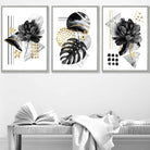 Set of 3 Abstract Black and Gold Botanical Wall Art Prints