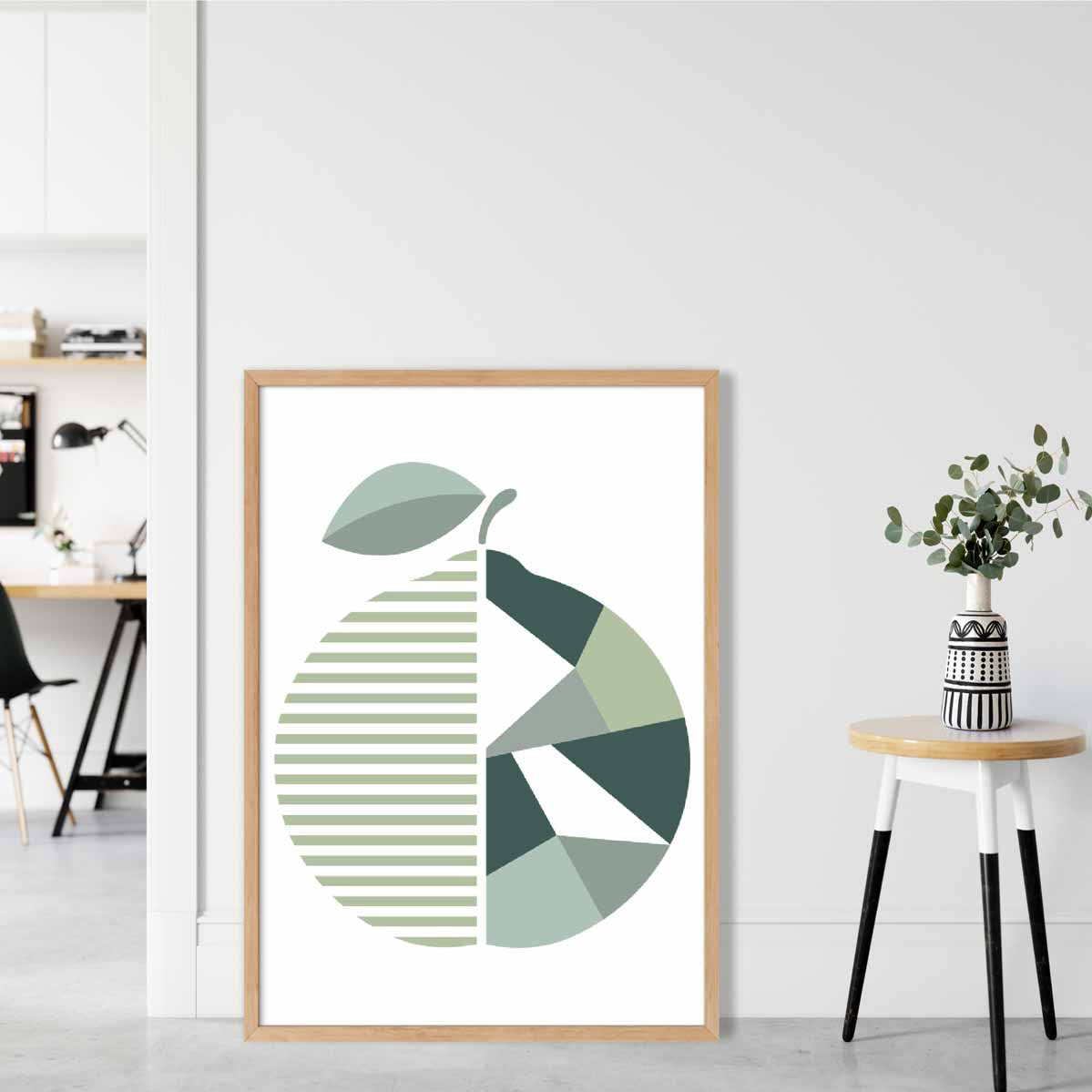 Geometric Fruit Poster of an Orange in Sage green