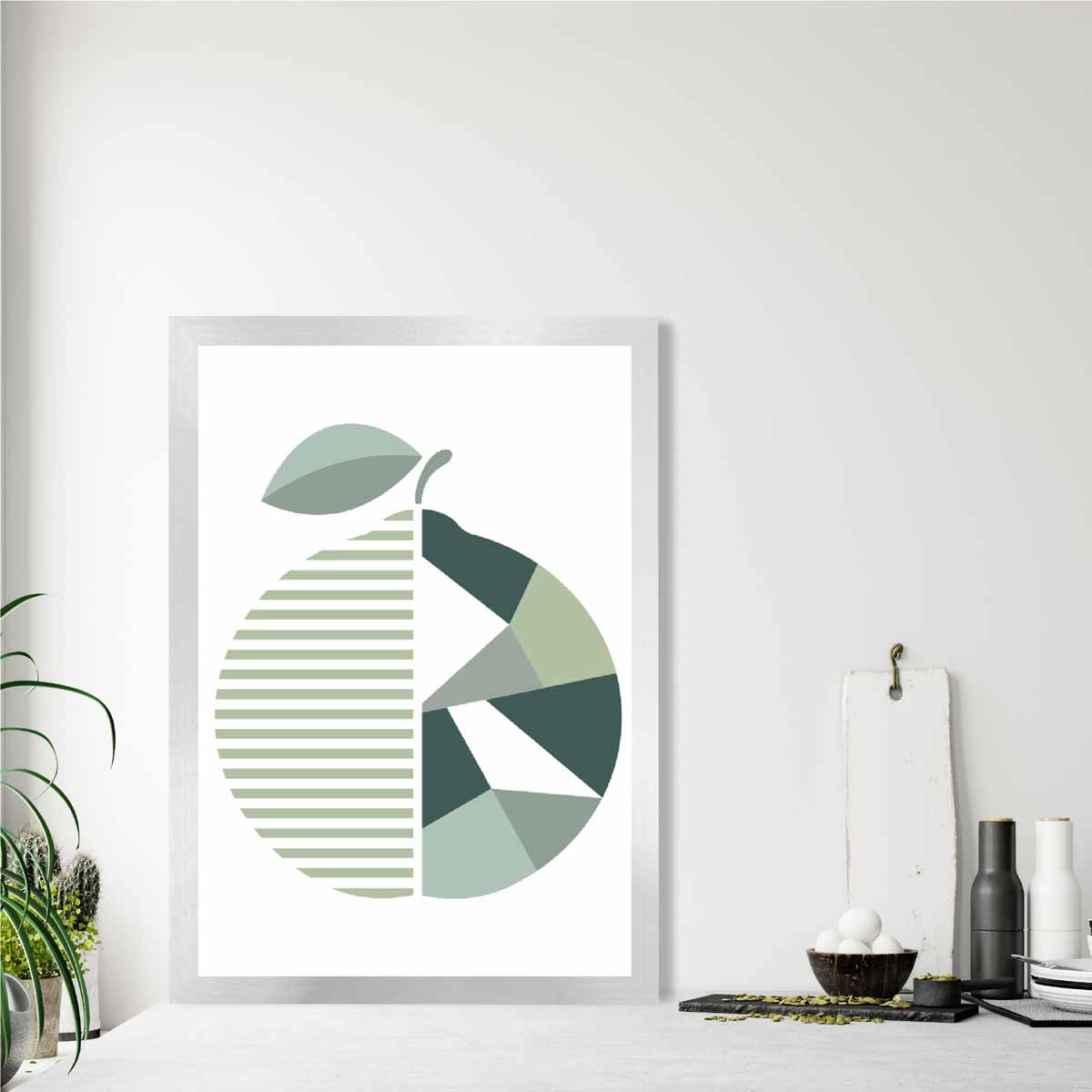 Geometric Fruit Poster of an Orange in Sage green