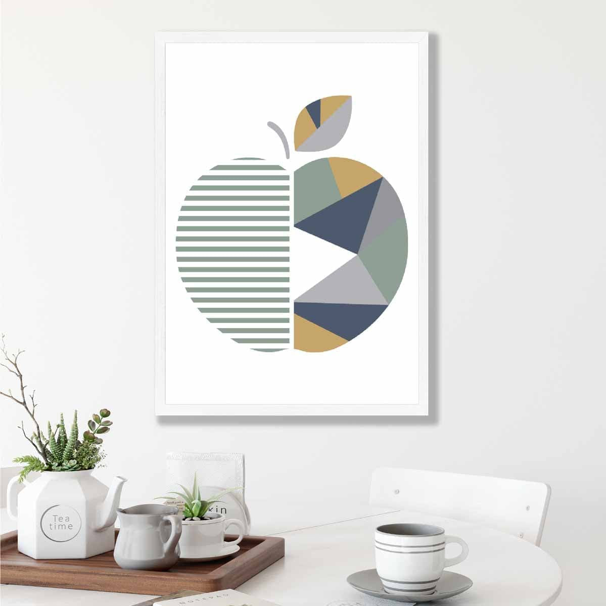 Geometric Fruit Poster of an Apple in Sage Green Blue and Yellow