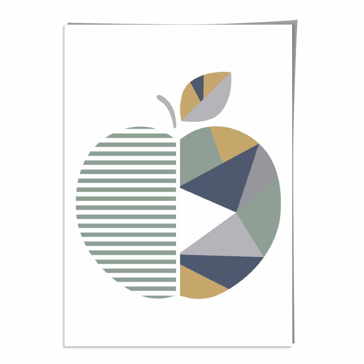 Geometric Fruit Poster of an Apple in Sage Green Blue and Yellow