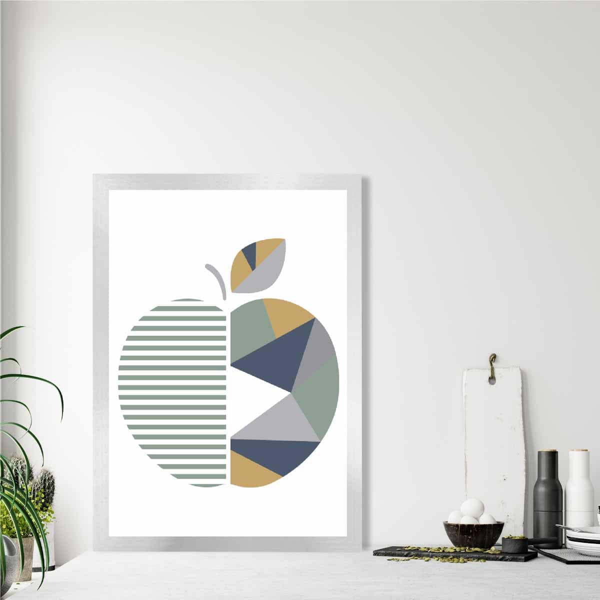 Geometric Fruit Poster of an Apple in Sage Green Blue and Yellow