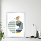 Geometric Fruit Poster of an Apple in Sage Green Blue and Yellow