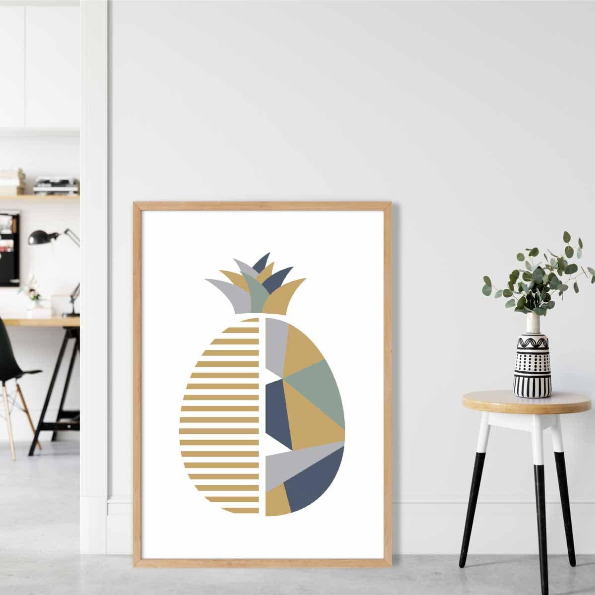 Geometric Fruit Poster of a Pineapple in Sage Green Blue Yellow