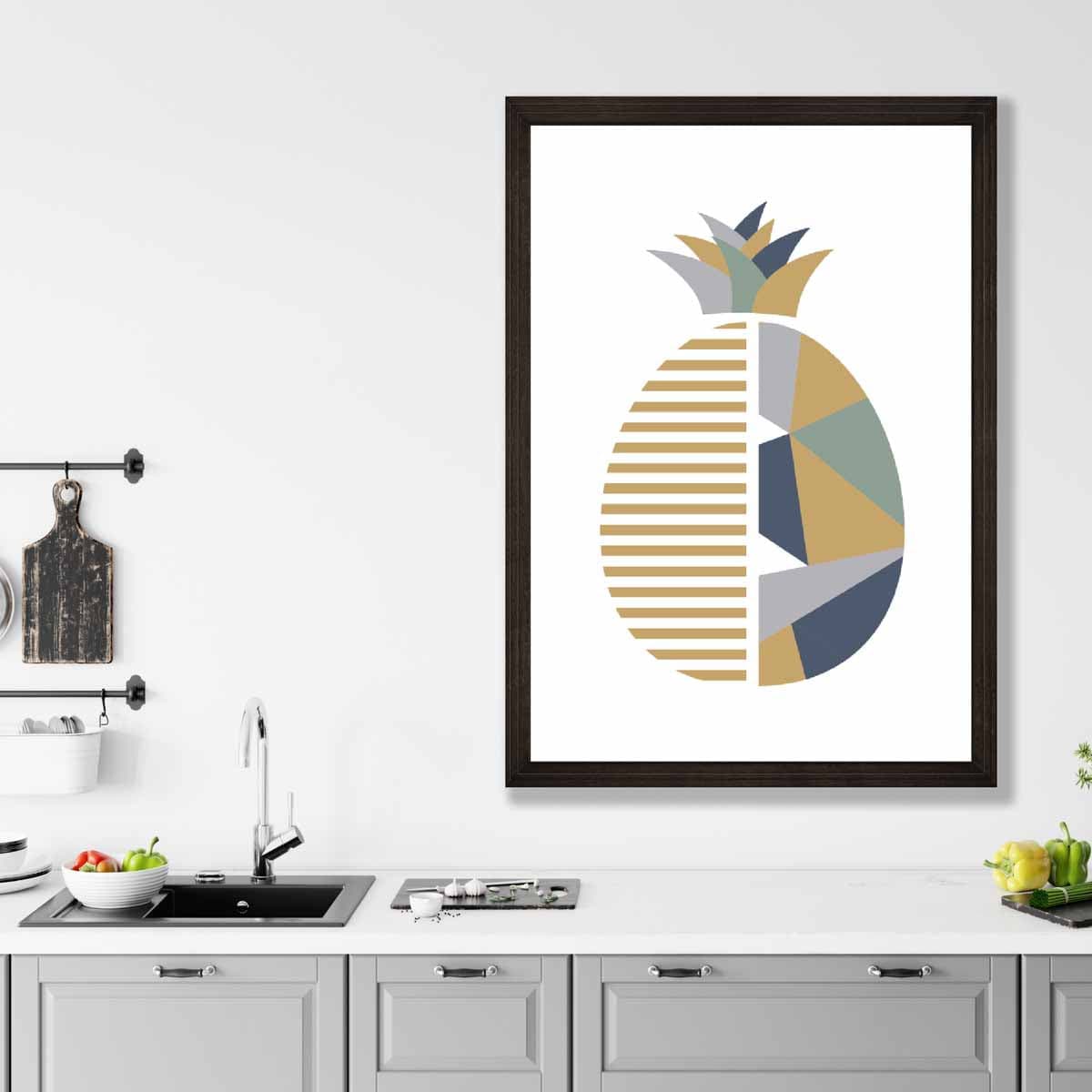 Geometric Fruit Poster of a Pineapple in Sage Green Blue Yellow