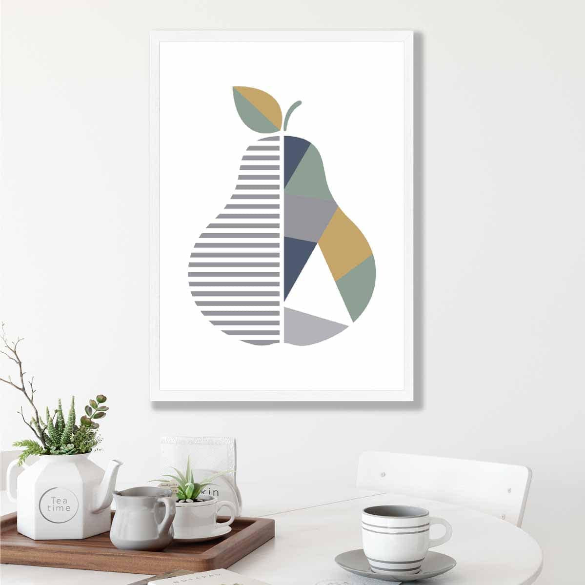 Geometric Fruit Poster of a Pear in Sage Green Blue Yellow