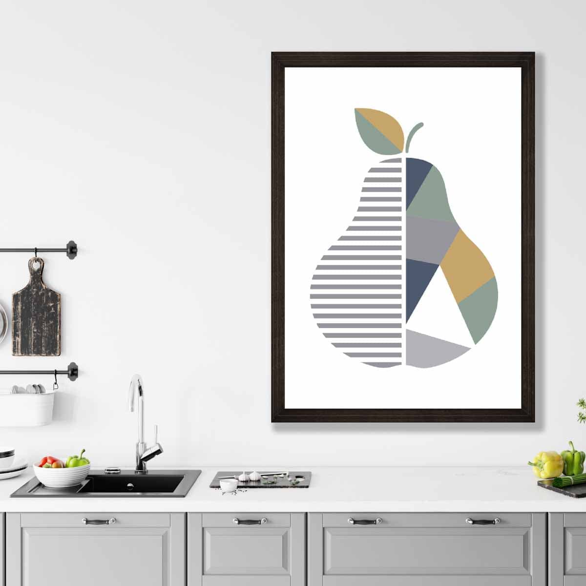 Geometric Fruit Poster of a Pear in Sage Green Blue Yellow