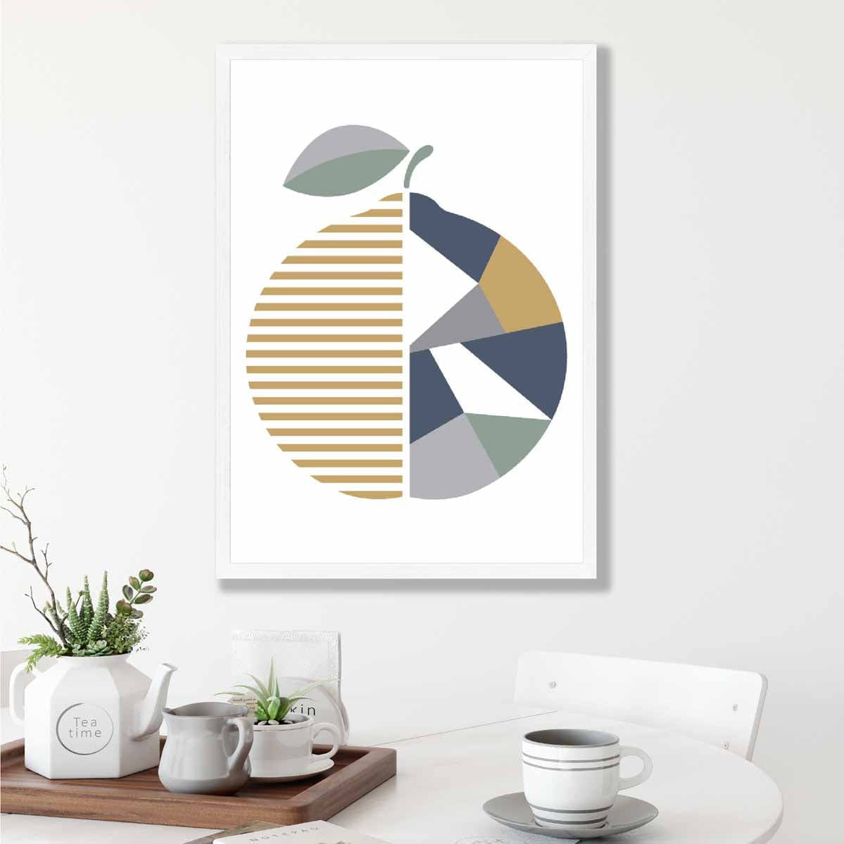 Geometric Fruit Poster of Orange in Sage green Blue Yellow