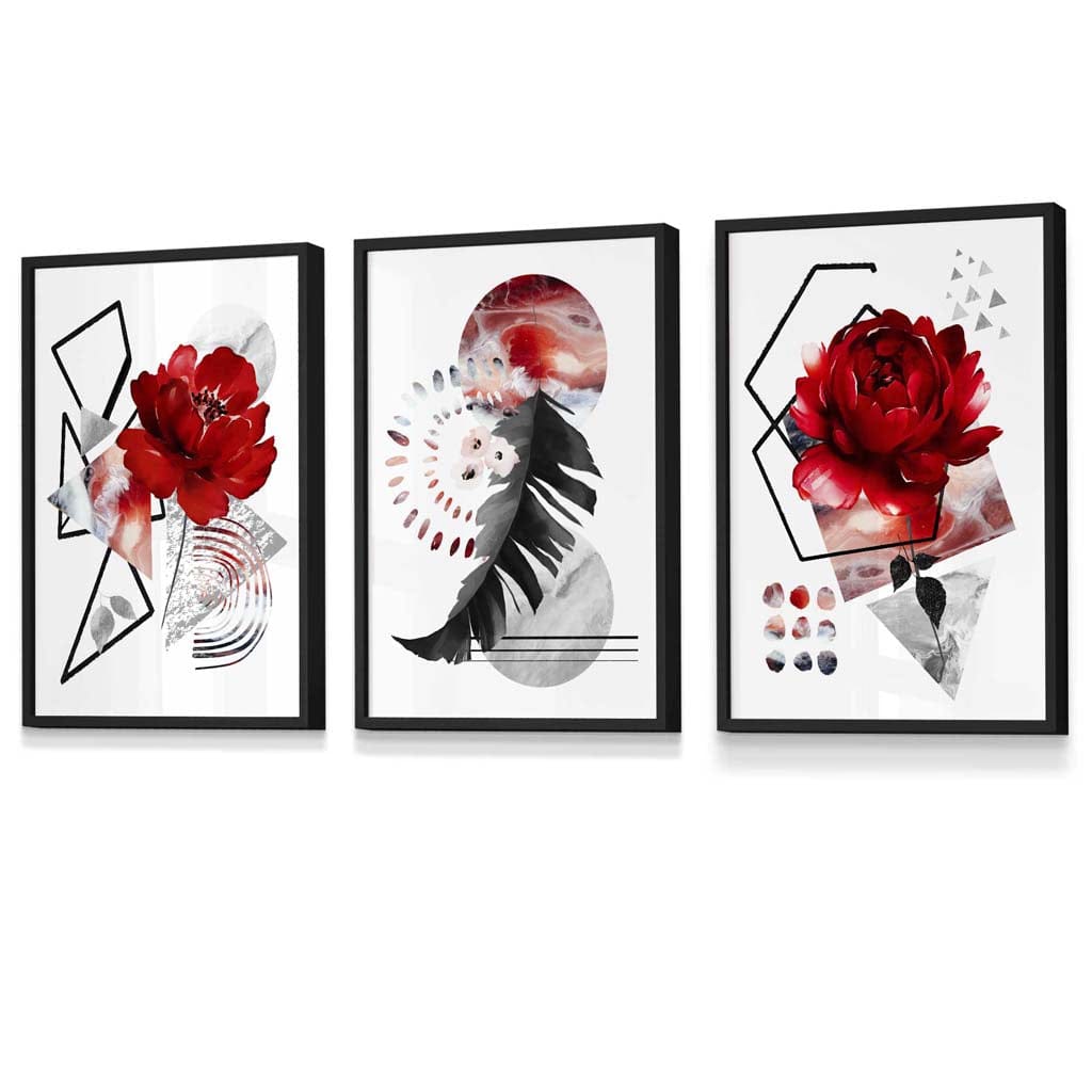 Abstract Red and Black Botanical Set of 3 Framed Wall Art Artze Wall Art