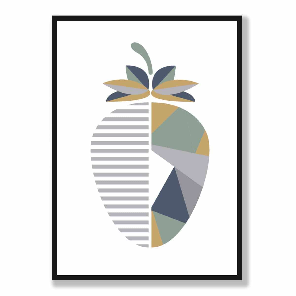 Geometric Fruit Poster of Strawberry in Sage green Blue Yellow
