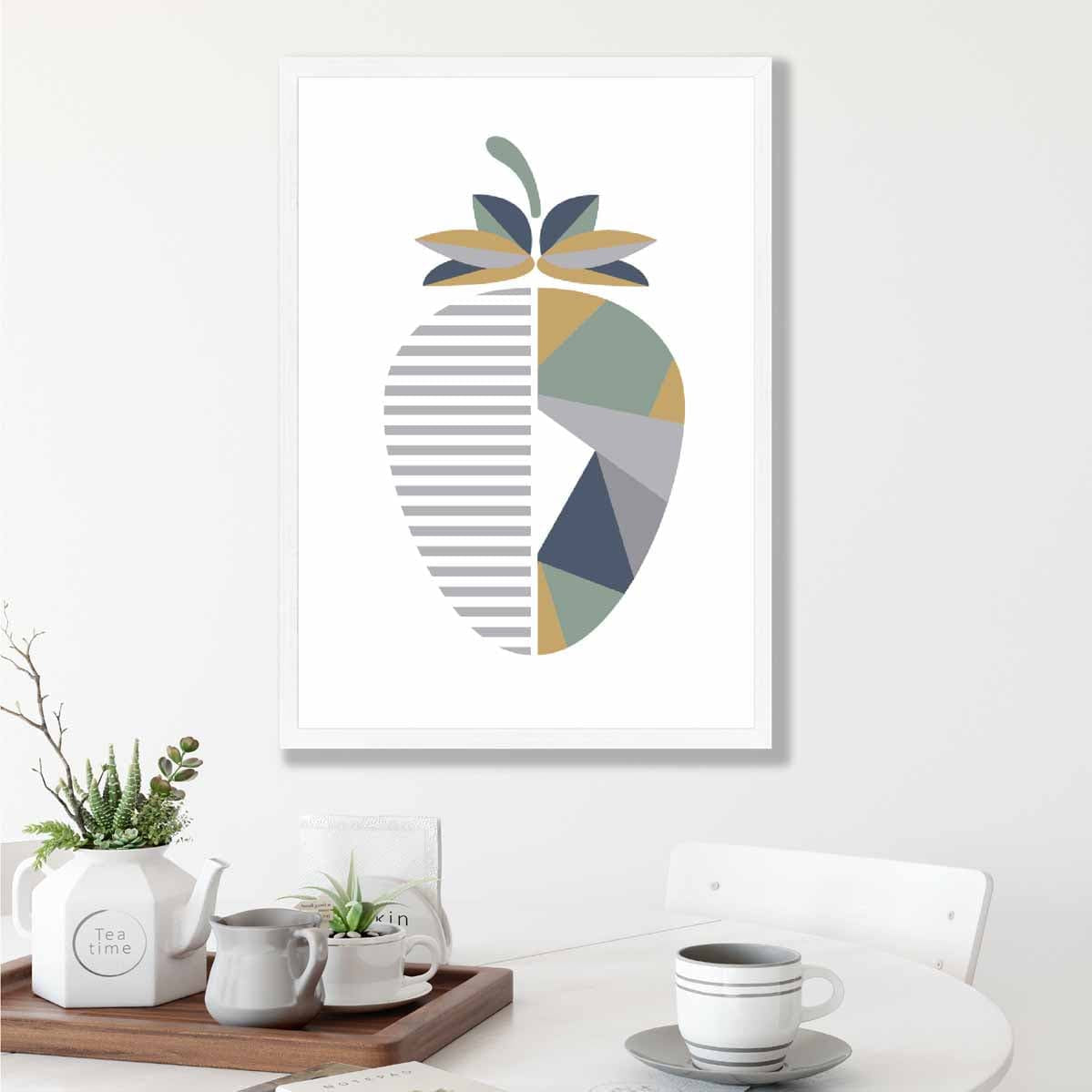 Geometric Fruit Poster of Strawberry in Sage green Blue Yellow