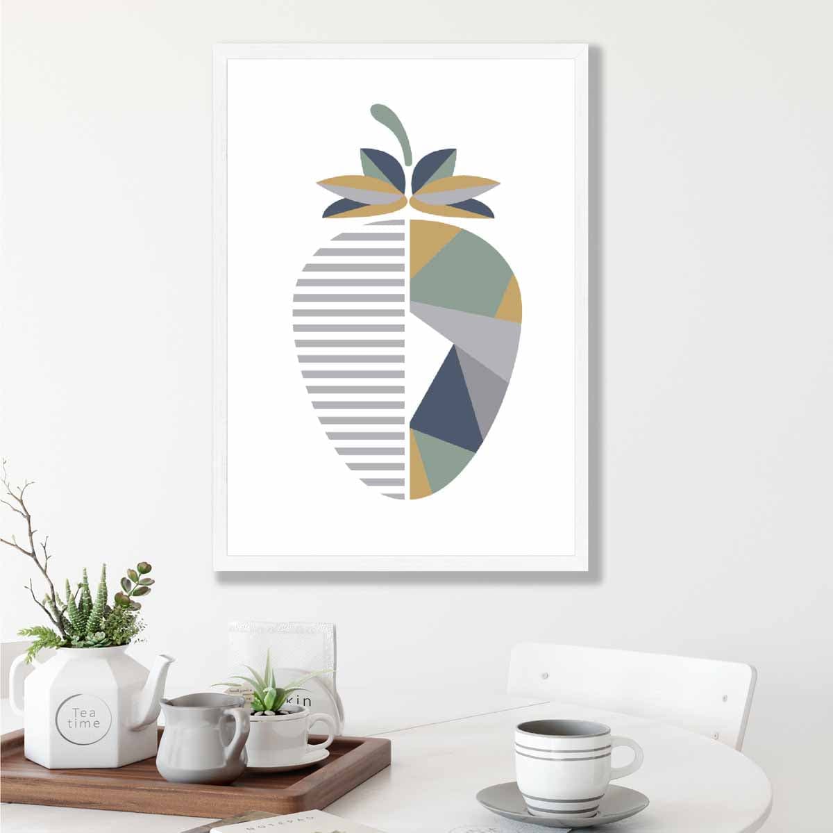 Geometric Fruit Poster of Strawberry in Sage green Blue Yellow