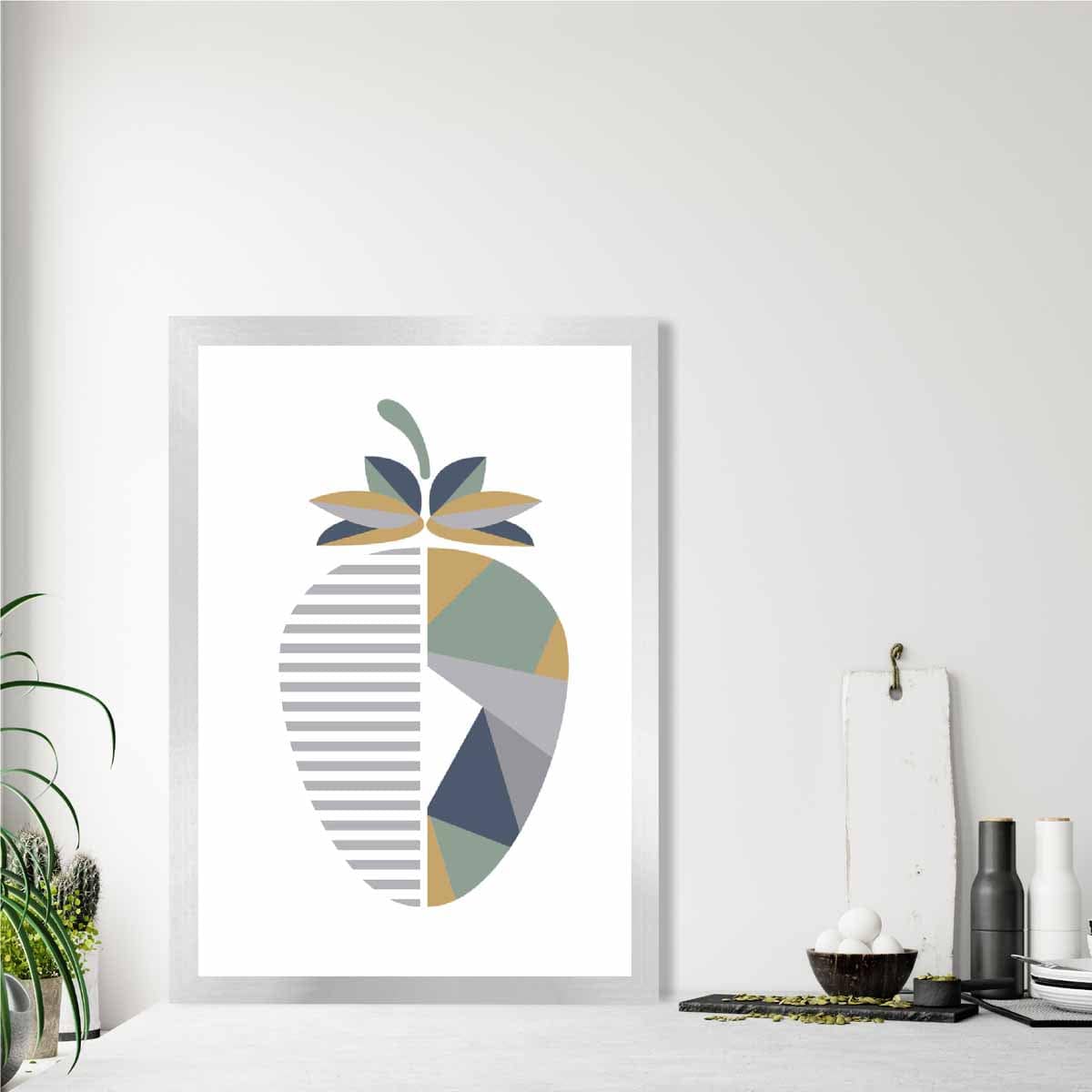Geometric Fruit Poster of Strawberry in Sage green Blue Yellow