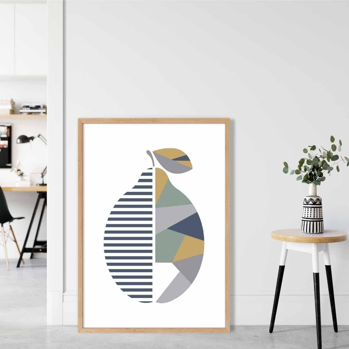 Geometric Fruit Poster of Lemon in Sage green Blue Yellow