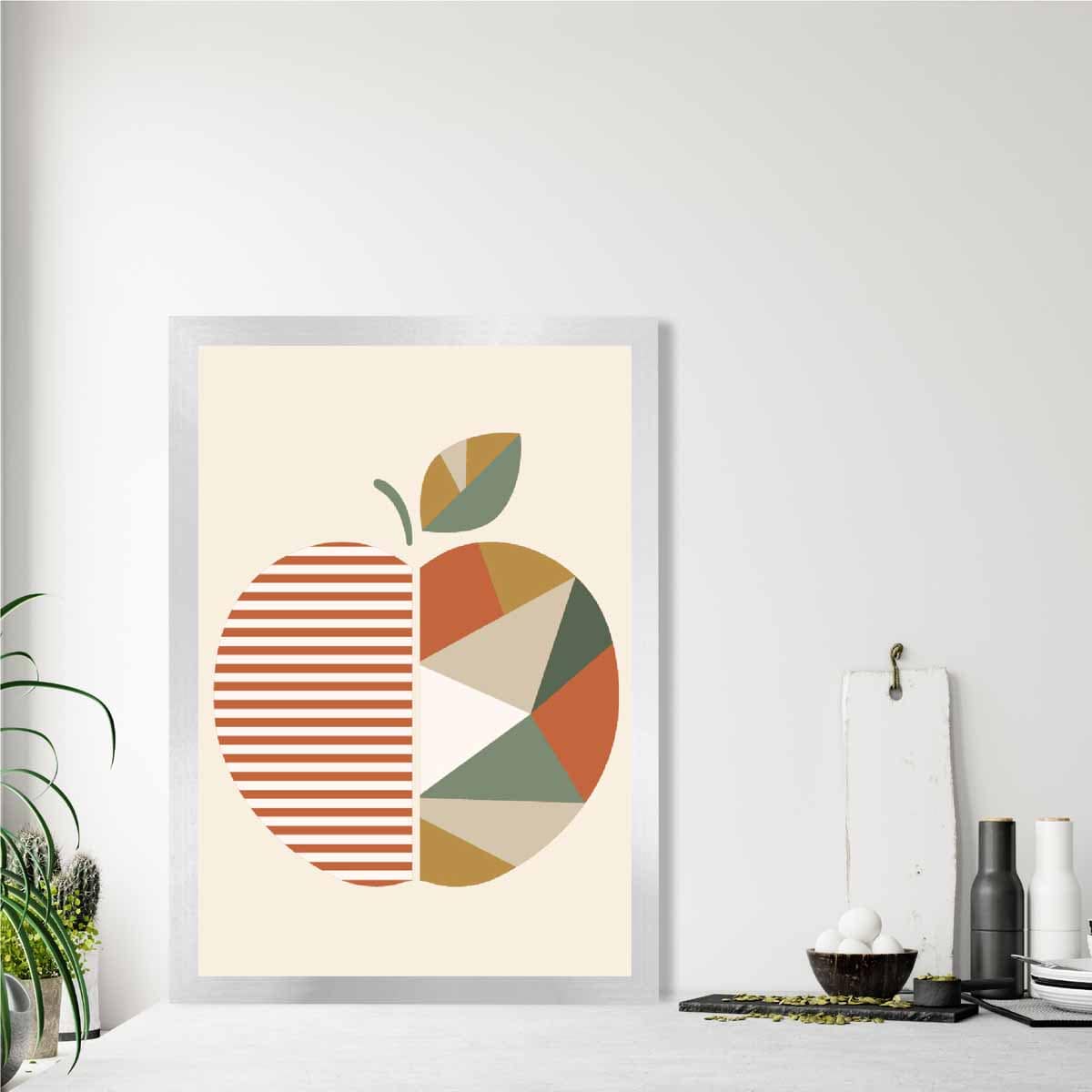 Geometric Fruit Poster of an Apple in Green Orange Yellow