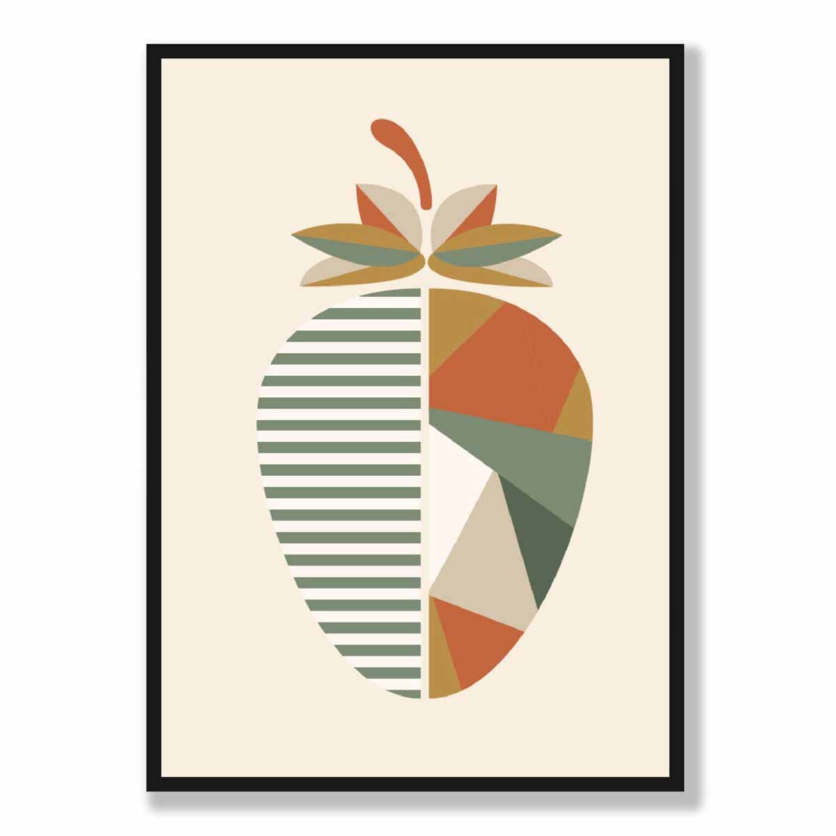 Geometric Fruit Poster of a Strawberry in Green Orange Yellow Artze