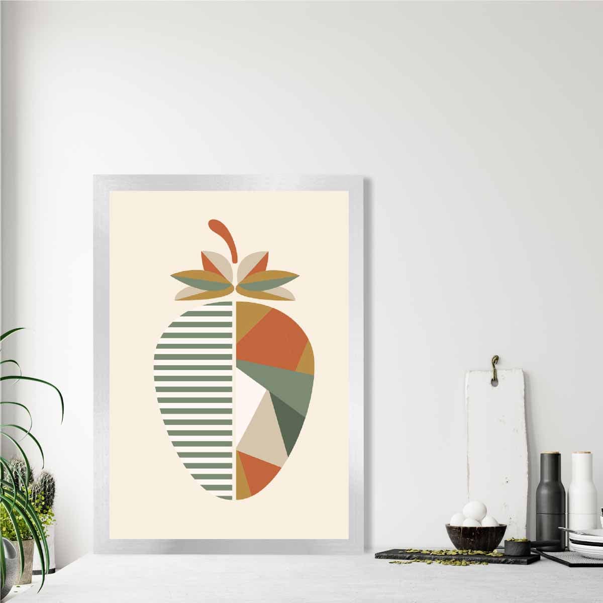 Geometric Fruit Poster of a Strawberry in Green Orange Yellow