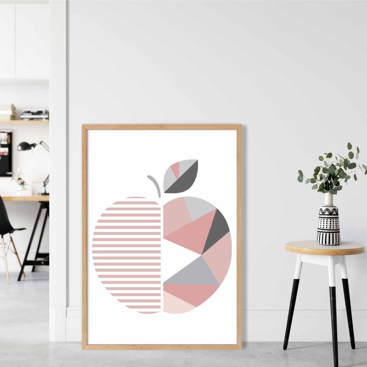 Geometric Fruit Poster of Apple in Blush Pink and Grey