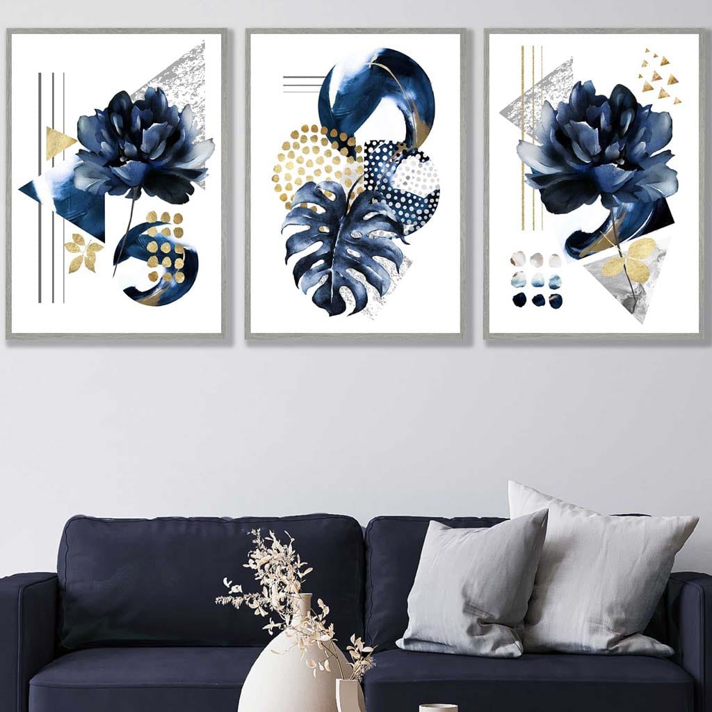 Abstract Geometric Floral Navy and Gold Set of 3 Wall Art Prints