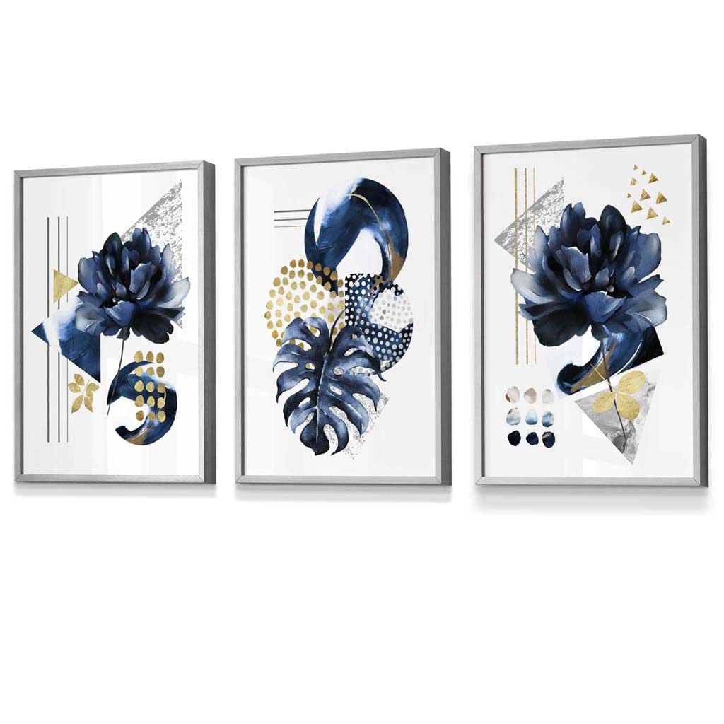 Abstract Navy and Gold Botanical Set of 3 Framed Wall Art Prints | Artze Wall Art UK