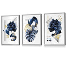 Abstract Navy and Gold Botanical Set of 3 Framed Wall Art Prints | Artze Wall Art UK