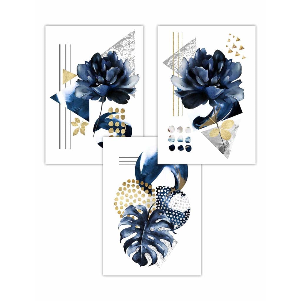 Abstract Geometric Floral Navy and Gold Set of 3 Wall Art Prints