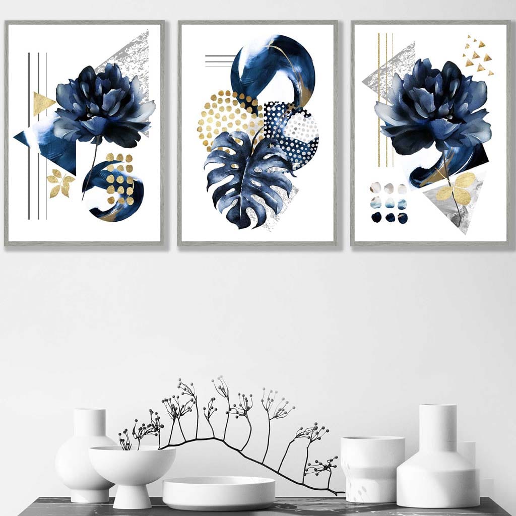 Abstract Geometric Floral Navy and Gold Set of 3 Wall Art Prints