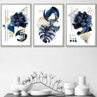 Abstract Geometric Floral Navy and Gold Set of 3 Wall Art Prints