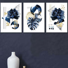 Abstract Geometric Floral Navy and Gold Set of 3 Wall Art Prints