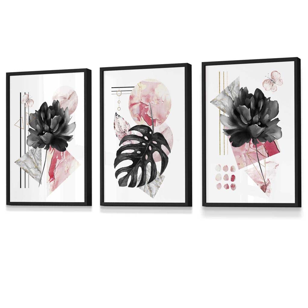 Set of 3 Abstract Pink and Black Floral Wall Art Prints / Framed | Artze Wall Art UK