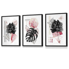 Set of 3 Abstract Pink and Black Floral Wall Art Prints / Framed | Artze Wall Art UK