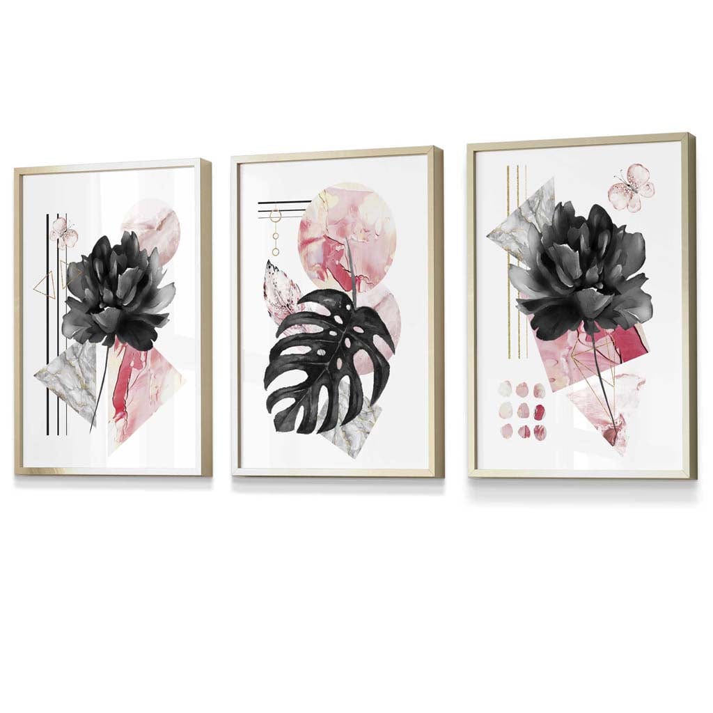 Set of 3 Abstract Pink and Black Floral Wall Art Prints / Framed | Artze Wall Art UK